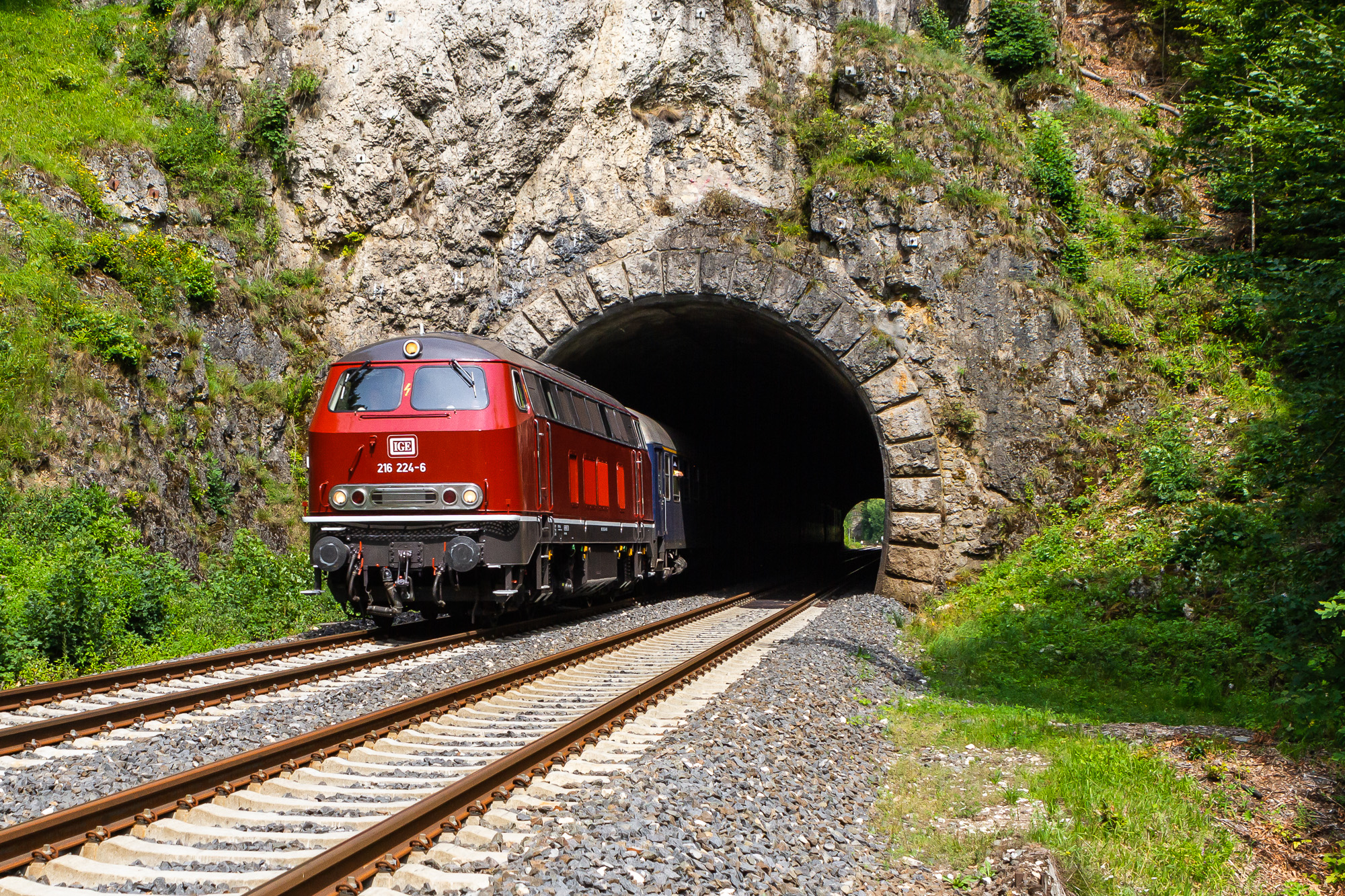 Diesellok 216 224-6 mit einem stimmigen Personenzug am Rothenfels Tunnel im Pegnitztal