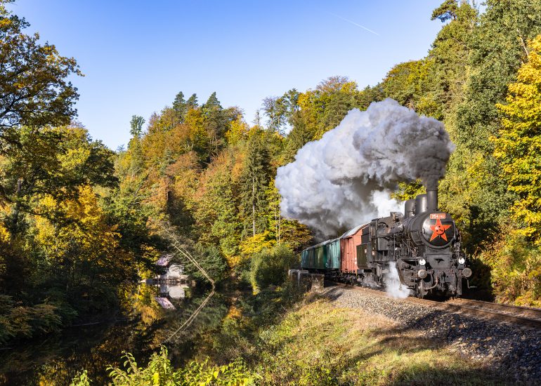 Herbst im Flusstal der Wittig mit dem Dampfzug mit 354.7152