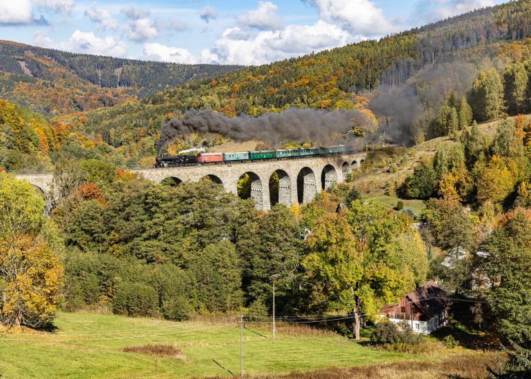 Das Novina Viadukt ist das beeindruckendste Eisenbahnviadukt in Tschechien. Der Dampfzug mit 354.7152 wurde noch durch die herbstlichen Bäume eingerahmt.